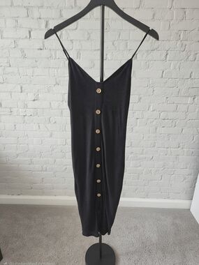 Express Black Ribbed Button-Front Midi Slip Dress with Wooden Buttons